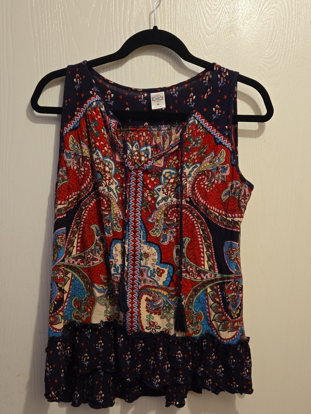 Bila Navy Blue & Red Paisley Tassel Tank Top. L26